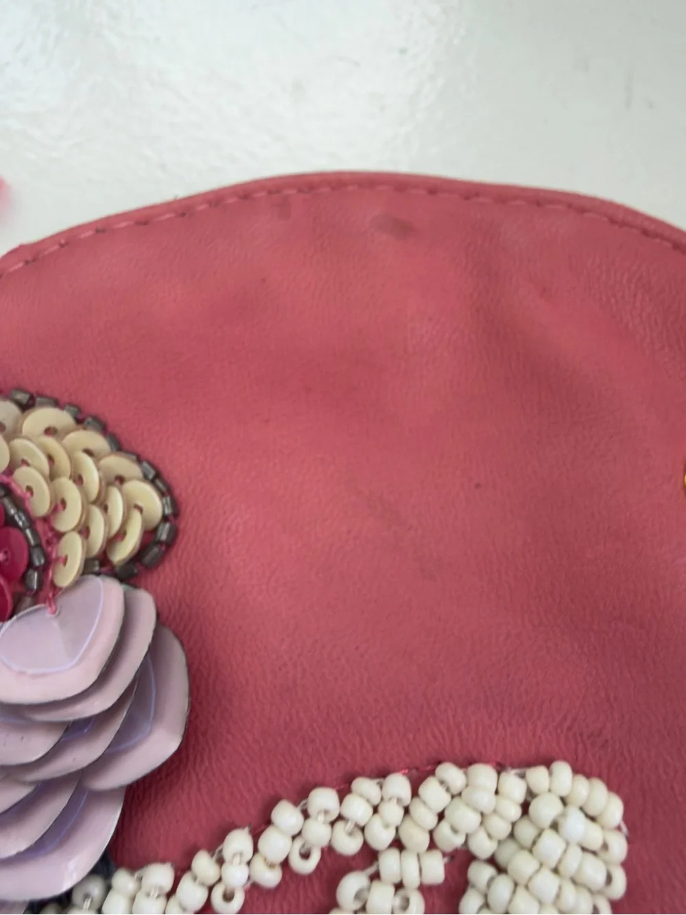 Anthropologie Pink Beaded Floral 'A' Round leather Pouch